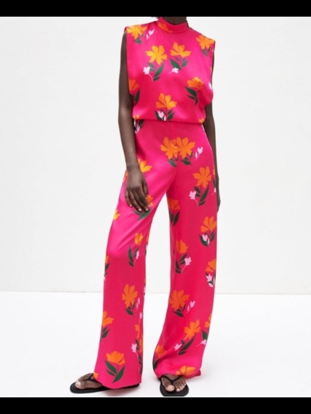 Zara Sleeveless Pink Floral Wide-Leg Jumpsuit